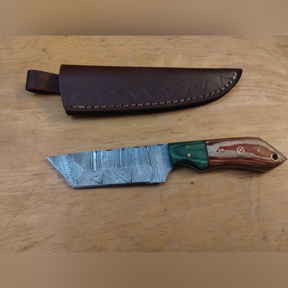 Custom Damascus Steel Tanto Knife | Green & Wood Handle w/ Leather Sheath
